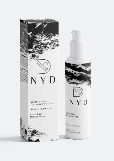 NYD Acne Care Moisturiser pump bottle with its black-and-white marble box